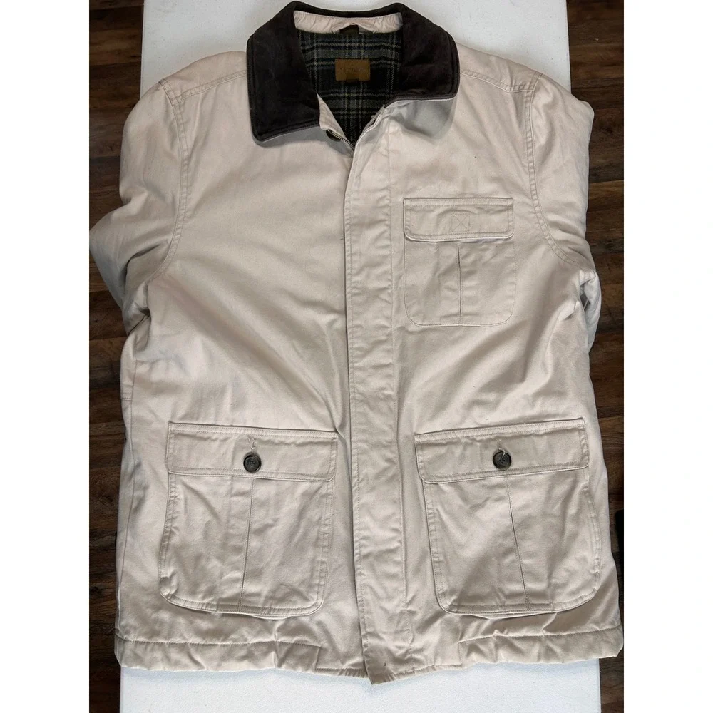 Vintage St. Johns Bay Field Jacket Tan Canvas‎ Corduroy Collar Plaid Lined Large